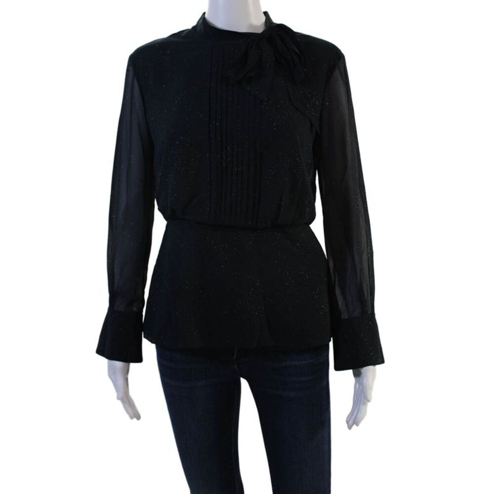 Ports Womens High Neck Tie Blouse Black Long Sleeve Polyester Size 4